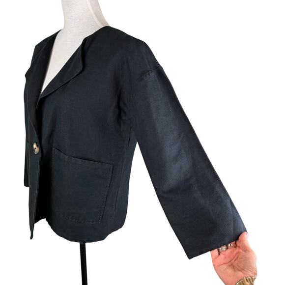 Leon & Harper Black Linen Cotton Blend Collarless Relaxed Boxy Blazer Jacket - Picture 7 of 11